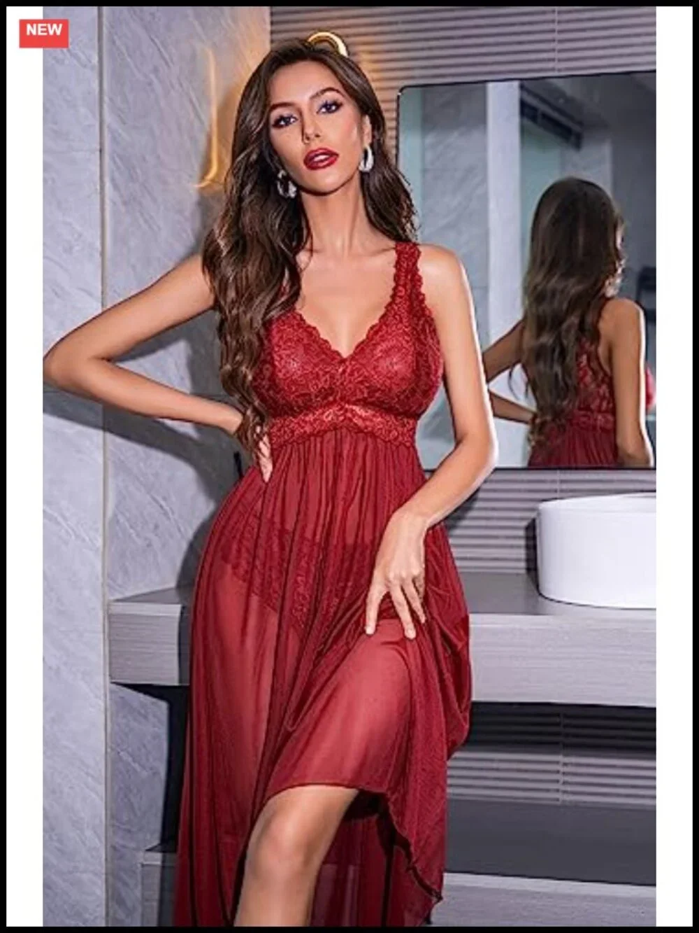 Women Long Lace Babydoll Lingerie V Neck Mesh Chemise Sleepwear